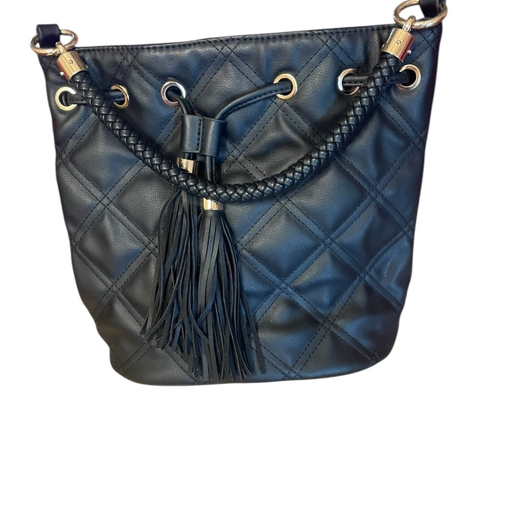 Chic Black Quilted Shoulder Bag with Tassel animal print interior 12”h